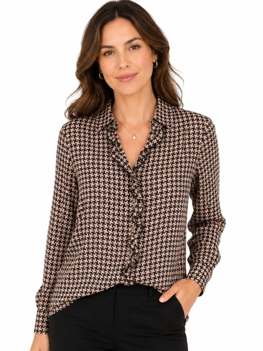 Anne Klein Brown Silk Houndstooth Print Long Sleeve Blouse